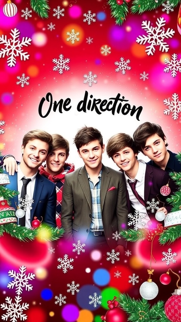 One Direction Christmas wallpaper design with band members and festive decorations.